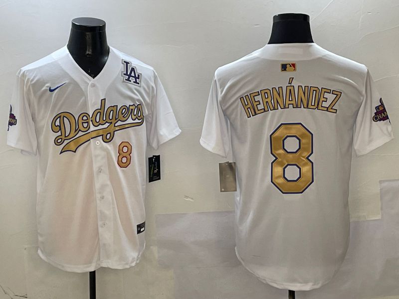 Men Los Angeles Dodgers #8 Hernandez White Champion gold character 2025 Nike MLB Jersey style 5->los angeles dodgers->MLB Jersey